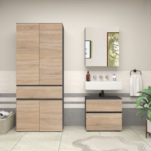 Wisla -ensemble De Salle De Bain Avec 2 Armoires Aspect Chêne Anthracite