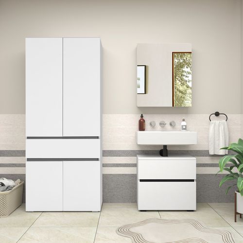 Wisla -ensemble De Salle De Bain Avec 2 Armoires Aspect Bois Blanc