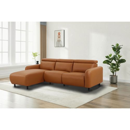Skaane-canapé 3 Places Avec Méridienne En L Et Fonction Électrique En Pu Cognac