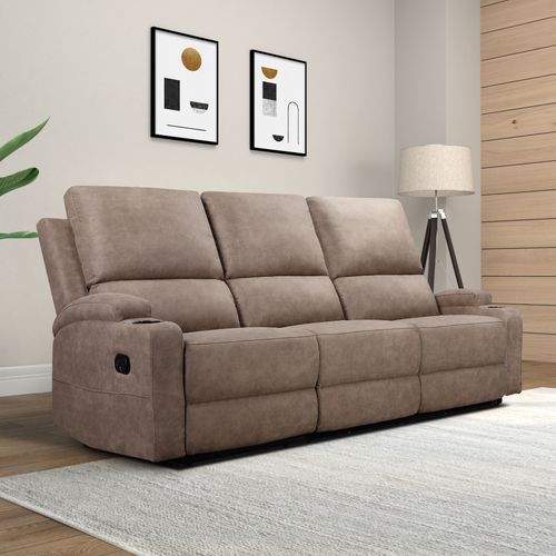 Dallas-canapé 3 Places Avec 2 Fauteuils Relax Manuels En Microfibre Taupe