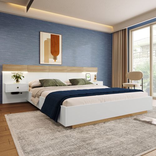 Lit Queen Blanc Bois Avec LED Et Chevets Intégrés 160x200