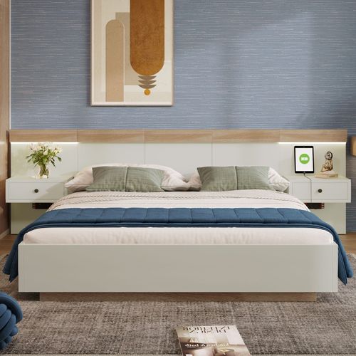 Lit Queen Blanc Bois Avec LED Et Chevets Intégrés 160x200
