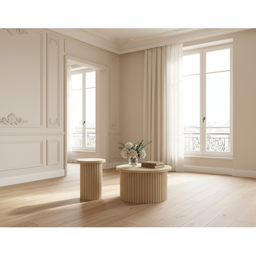 Ensemble 2 Tables Basses Rondes Effet Bois Clair