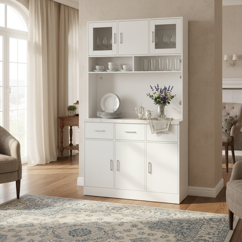 Vitrine Haute LED Blanc 3 Tiroirs 6 Portes