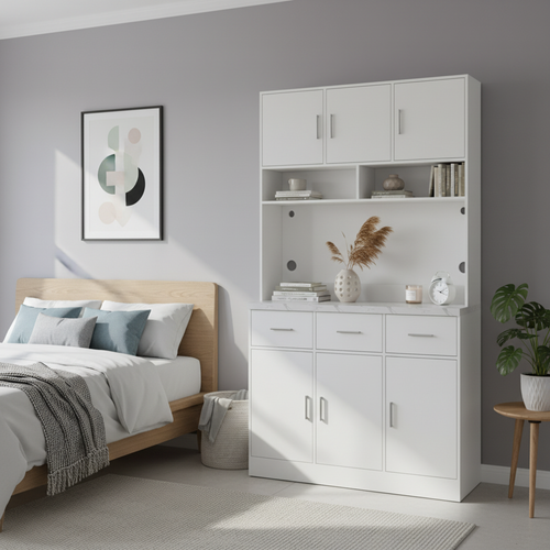 Vitrine Haute LED Blanc 3 Tiroirs 6 Portes