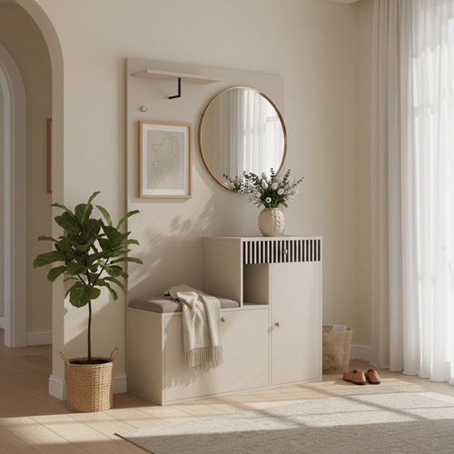 Vestiaire D’entrée Beige Avec Miroir, Banc, Porte-manteaux Et Meuble à
