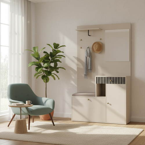 Vestiaire D’entrée Beige Avec Miroir, Banc, Porte-manteaux Et Meuble à