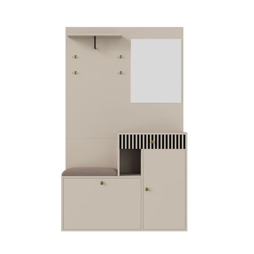 Vestiaire D’entrée Beige Avec Miroir, Banc, Porte-manteaux Et Meuble à