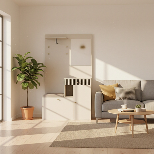 Vestiaire D’entrée Beige Avec Miroir, Banc, Porte-manteaux Et Meuble à