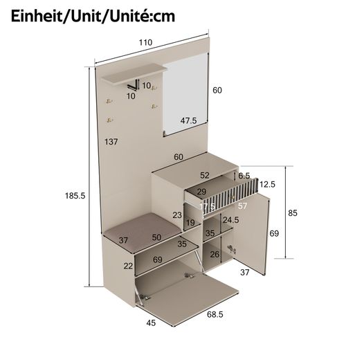 Vestiaire D’entrée Beige Avec Miroir, Banc, Porte-manteaux Et Meuble à