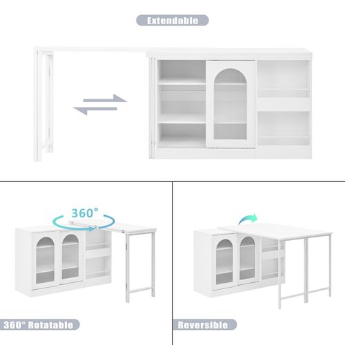 Bar Avec Table Retratable à 360° Avec Portes En Verre Ondulé Convertible Îlot De Cuisine Blanc