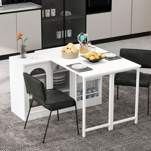 Bar Avec Table Retratable à 360° Avec Portes En Verre Ondulé Convertible Îlot De Cuisine Blanc