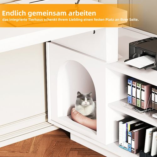 Bureau D'angle Blanc Modulable Avec Niche Pour Animal De Compagnie Et Rangement
