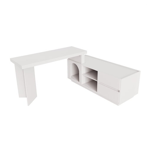 Bureau D'angle Blanc Modulable Avec Niche Pour Animal De Compagnie Et Rangement