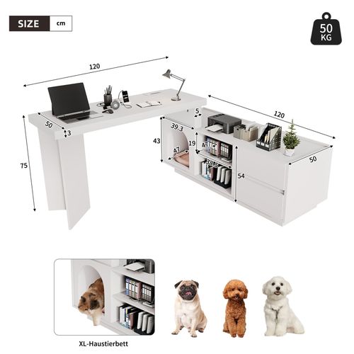 Bureau D'angle Blanc Modulable Avec Niche Pour Animal De Compagnie Et Rangement