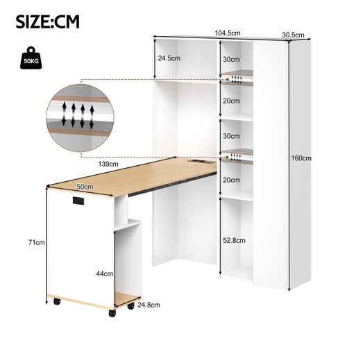Bureau D'angle Retratable Effet Bois Et Armoire Bibloteque Blanc Avec Prises Et Ports USB