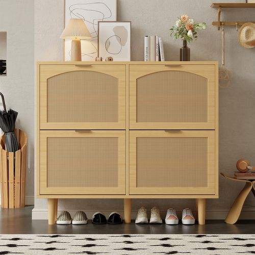 Meuble à Chaussures Effect Chêne Clair Et Rotin Avec 4 Portes Abattantes