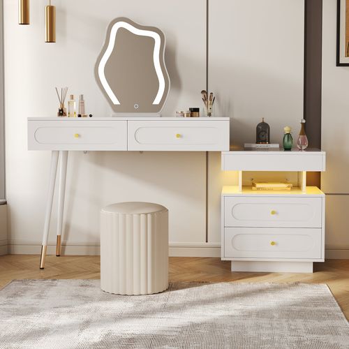 Coiffeuse Modulable Blanche Avec Miroir LED, 4 Tiroirs Et Chevet Lumineuse