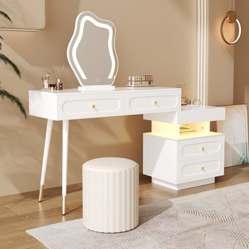 Coiffeuse Modulable Blanche Avec Miroir LED, 4 Tiroirs Et Chevet Lumineuse