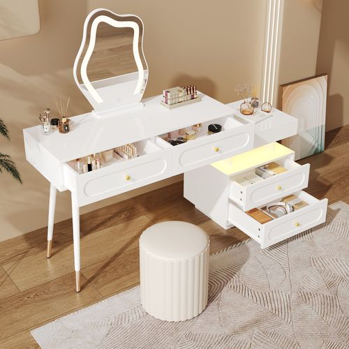 Coiffeuse Modulable Blanche Avec Miroir LED, 4 Tiroirs Et Chevet Lumineuse