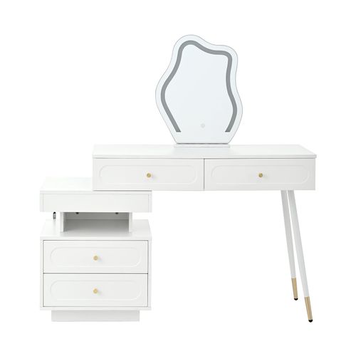 Coiffeuse Modulable Blanche Avec Miroir LED, 4 Tiroirs Et Chevet Lumineuse