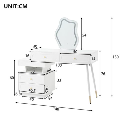 Coiffeuse Modulable Blanche Avec Miroir LED, 4 Tiroirs Et Chevet Lumineuse