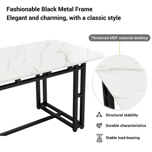 Table à Mange Rectangulaire Effet Marbre Blanc Pieds Noirs 120x70cm