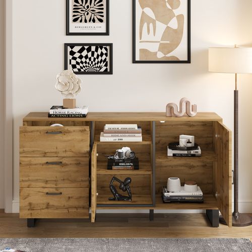 Buffet Effet Bois 2 Portes 3 Tiroirs 150*38*77cm