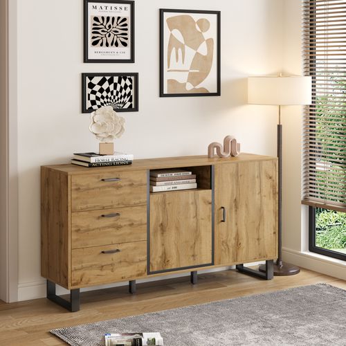 Buffet Effet Bois 2 Portes 3 Tiroirs 150*38*77cm