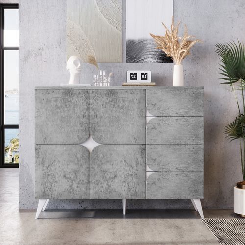 Buffet Effet Béton Gris Avec 4 Tiroirs Et 2 Portes