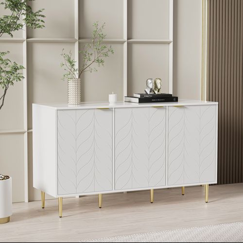 Buffet Moderne Blanc Laqué Motif Floral Pieds Et Poignées Dorés