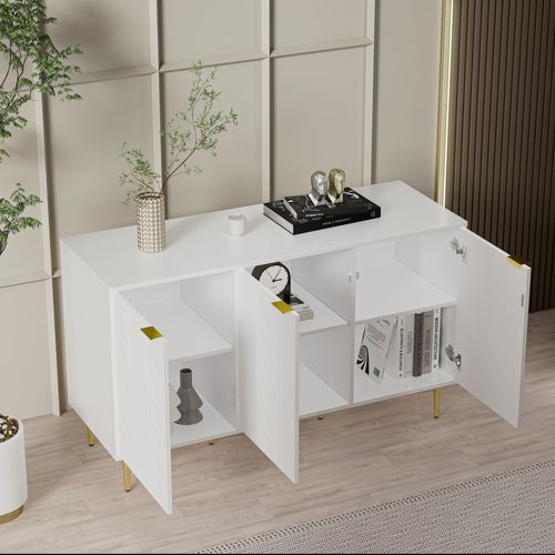 Buffet Moderne Blanc Laqué Motif Floral Pieds Et Poignées Dorés