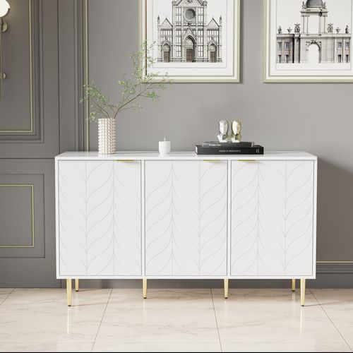 Buffet Moderne Blanc Laqué Motif Floral Pieds Et Poignées Dorés