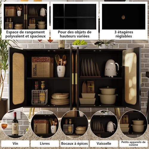 Buffet Noir En Rotin 4 Portes Poignées Pieds Dorés 120x30x89cm