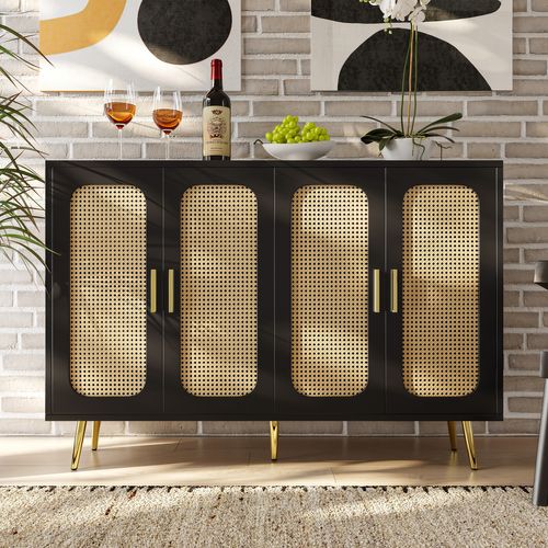 Buffet Noir En Rotin 4 Portes Poignées Pieds Dorés 120x30x89cm