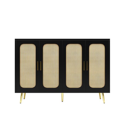 Buffet Noir En Rotin 4 Portes Poignées Pieds Dorés 120x30x89cm