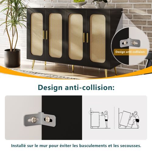 Buffet Noir En Rotin 4 Portes Poignées Pieds Dorés 120x30x89cm