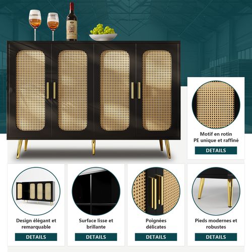 Buffet Noir En Rotin 4 Portes Poignées Pieds Dorés 120x30x89cm