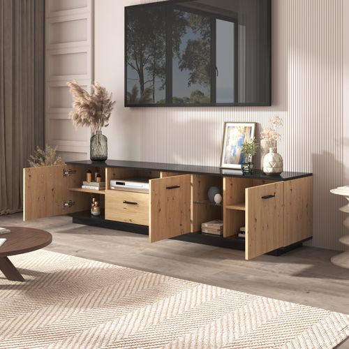 Meuble TV Effet Bois 1 Tiroir 3 Portes Avec 15 Couleurs Éclairage LED