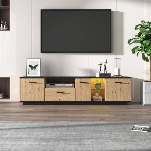 Meuble TV Effet Bois 1 Tiroir 3 Portes Avec 15 Couleurs Éclairage LED