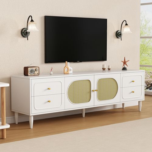 Meuble TV Blanc En Rotin Avec 4 Tiroirs 2 Portes Poignées Dorés