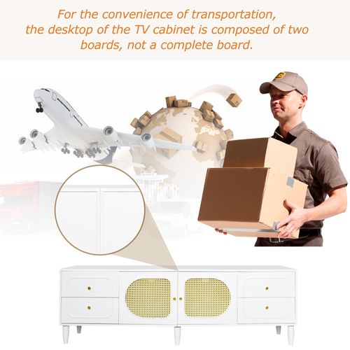 Meuble TV Blanc En Rotin Avec 4 Tiroirs 2 Portes Poignées Dorés