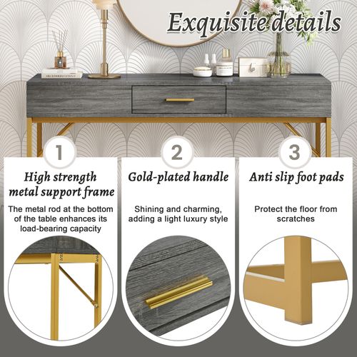 Table Console Effet Bois Gris Structure Couleur Dorée 1 Tiroir