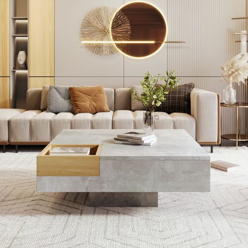 Table Basse Carré Gris Et Une Boit De Rangement Bois Nature 72x72x30 Cm