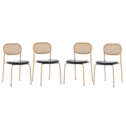 Lot De 4 Chaises Style Rétro En Rotin Et Cuir Synthétique Noir