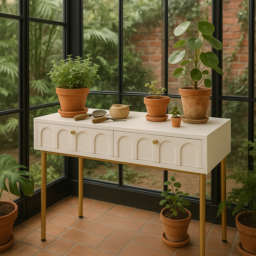 Meuble De Rangement Jardin Avec Tiroirs Élégants Et Structure Métallique Dorée