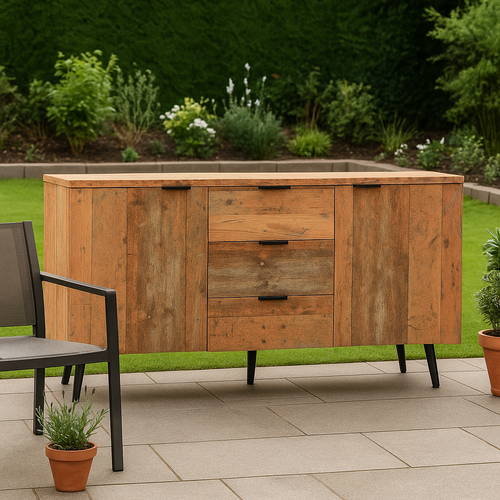 Meuble De Rangement Jardin Bois Effet Vieilli Avec 3 Tiroirs Et 2 Portes