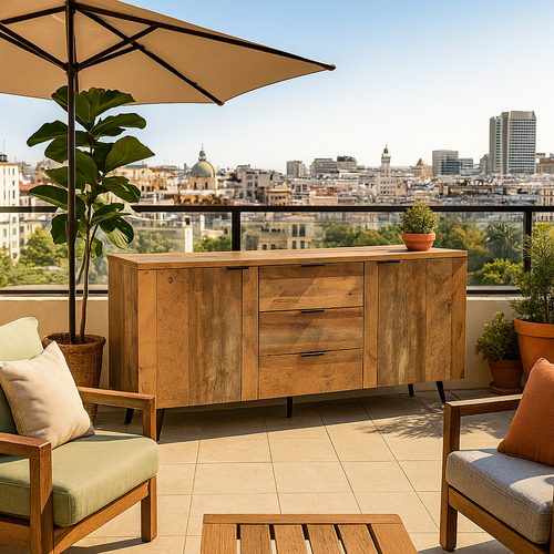 Meuble De Rangement Jardin Bois Effet Vieilli Avec 3 Tiroirs Et 2 Portes