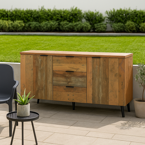 Meuble De Rangement Jardin Bois Effet Vieilli Avec 3 Tiroirs Et 2 Portes