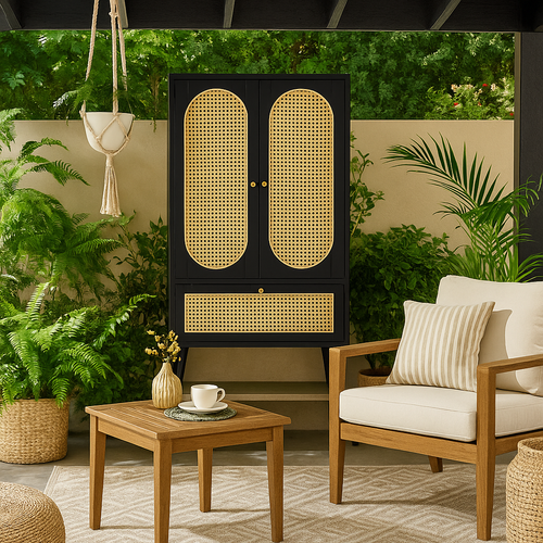 Meuble De Rangement Jardin Noir Avec Portes En Cannage